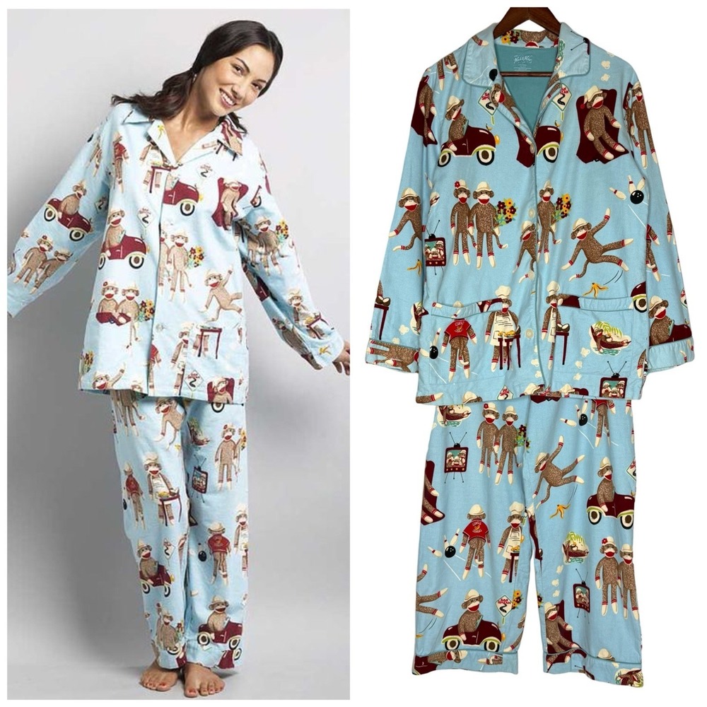 Nick & Nora Flannel Pajamas Large Cotton Pockets Sock Monkeys Bowling Car Beach